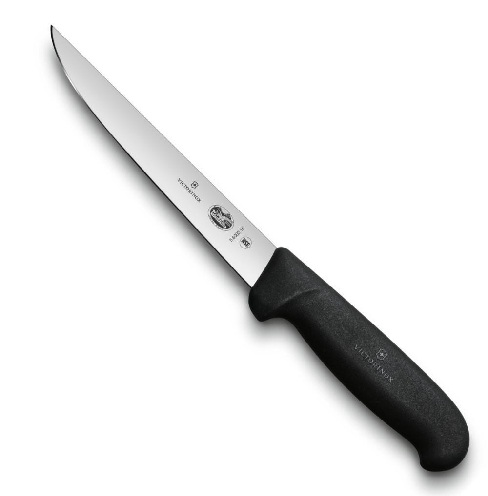 Siyah saplı ve uzun, gümüş renkli bıçaklı keskin bir Victorinox bıçağı.