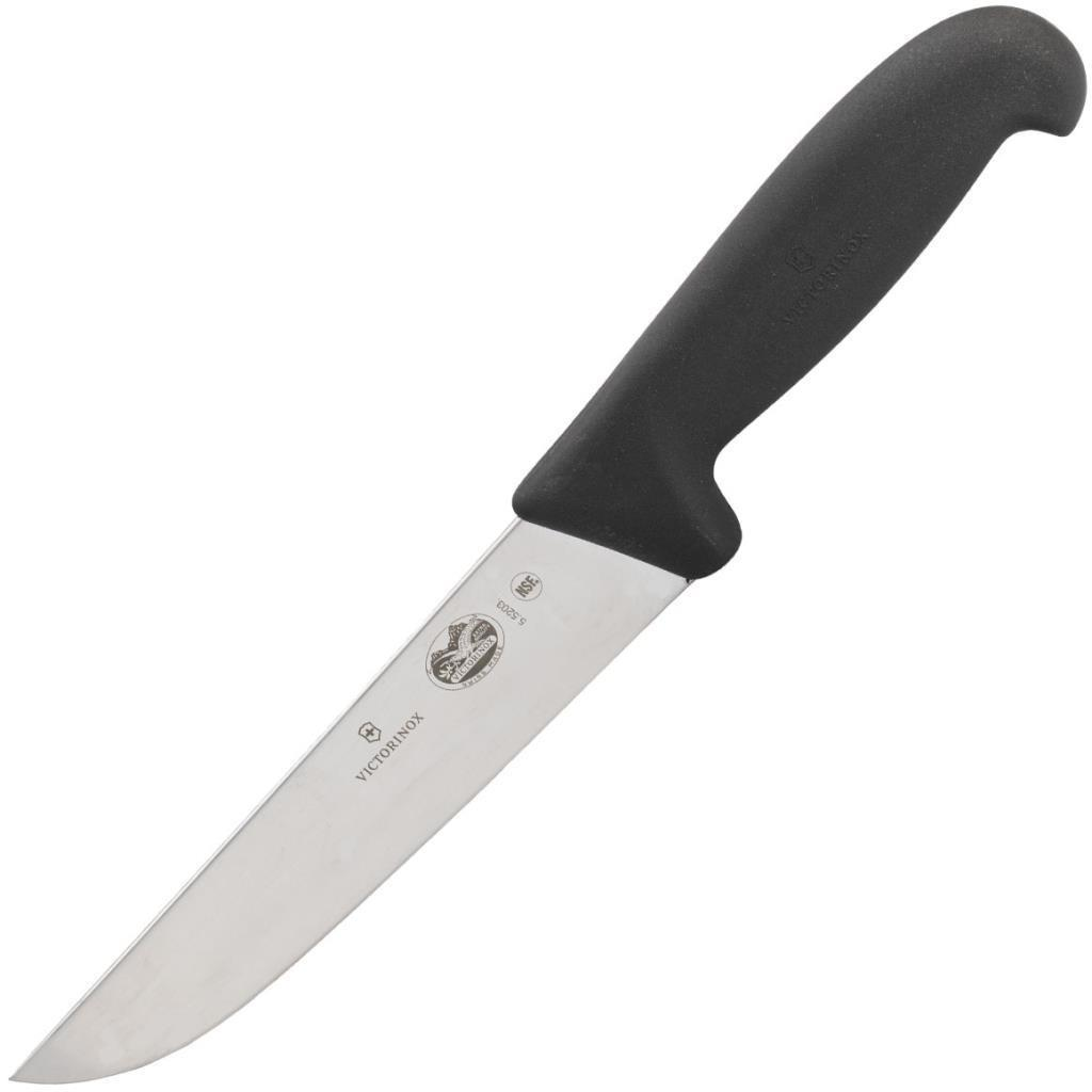 Siyah saplı ve cilalı bıçaklı bir Victorinox mutfak bıçağı.