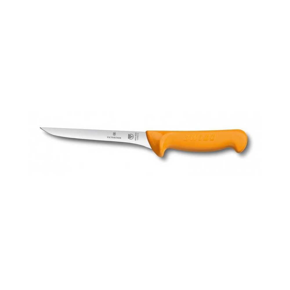 Gümüş bıçaklı, turuncu saplı bir Victorinox bıçağı beyaz arka planda.