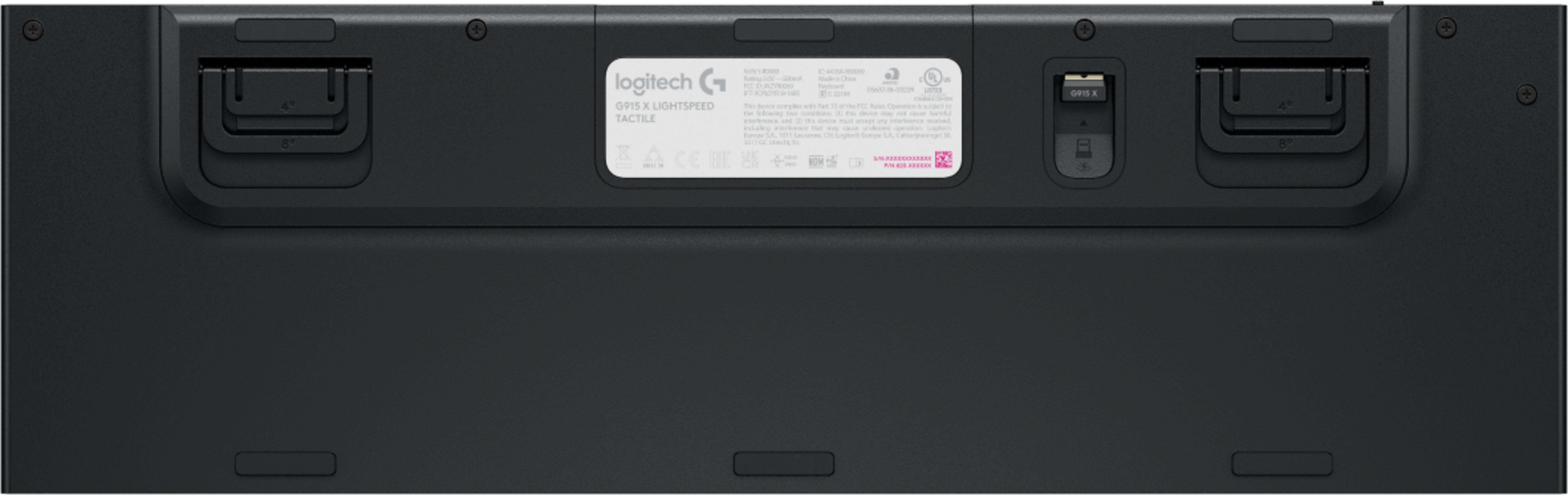 Spód czarnej klawiatury Logitech G915 X z etykietami i nóżkami.