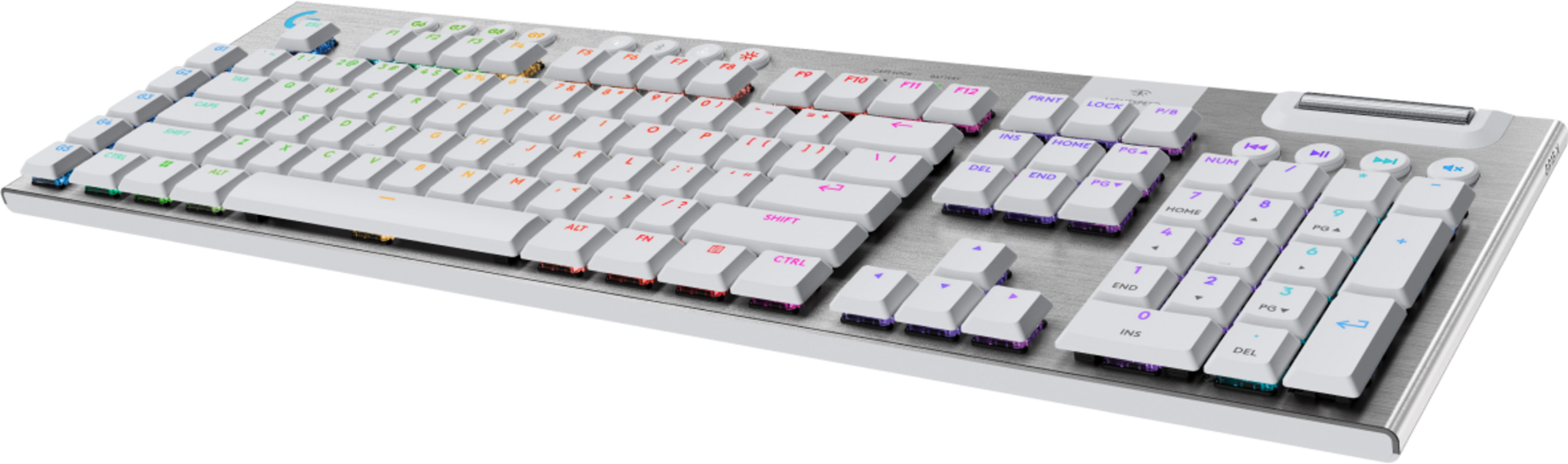Biała klawiatura mechaniczna ze srebrnym metalowym topem i podświetleniem RGB.
