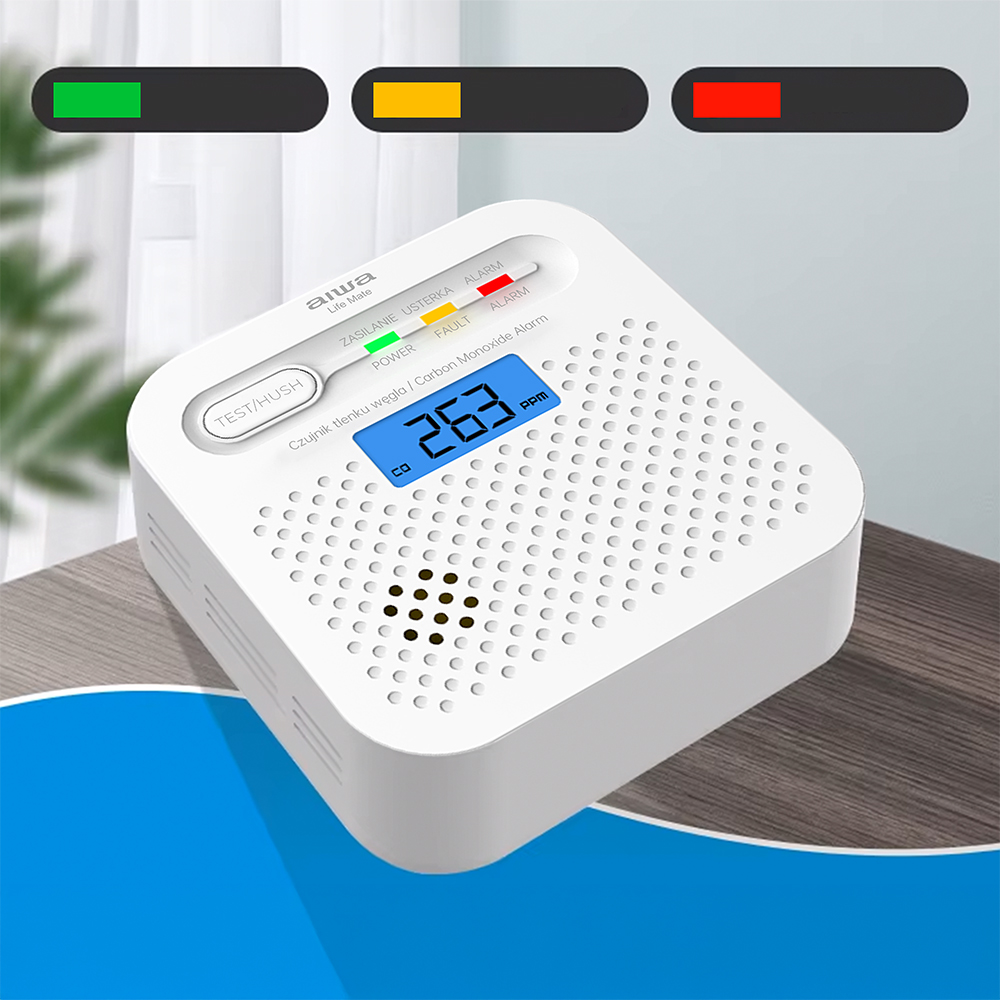 Biały czujnik tlenku węgla pokazuje '263 PPM' na niebieskim ekranie. Wskaźniki zielony, żółty, czerwony.