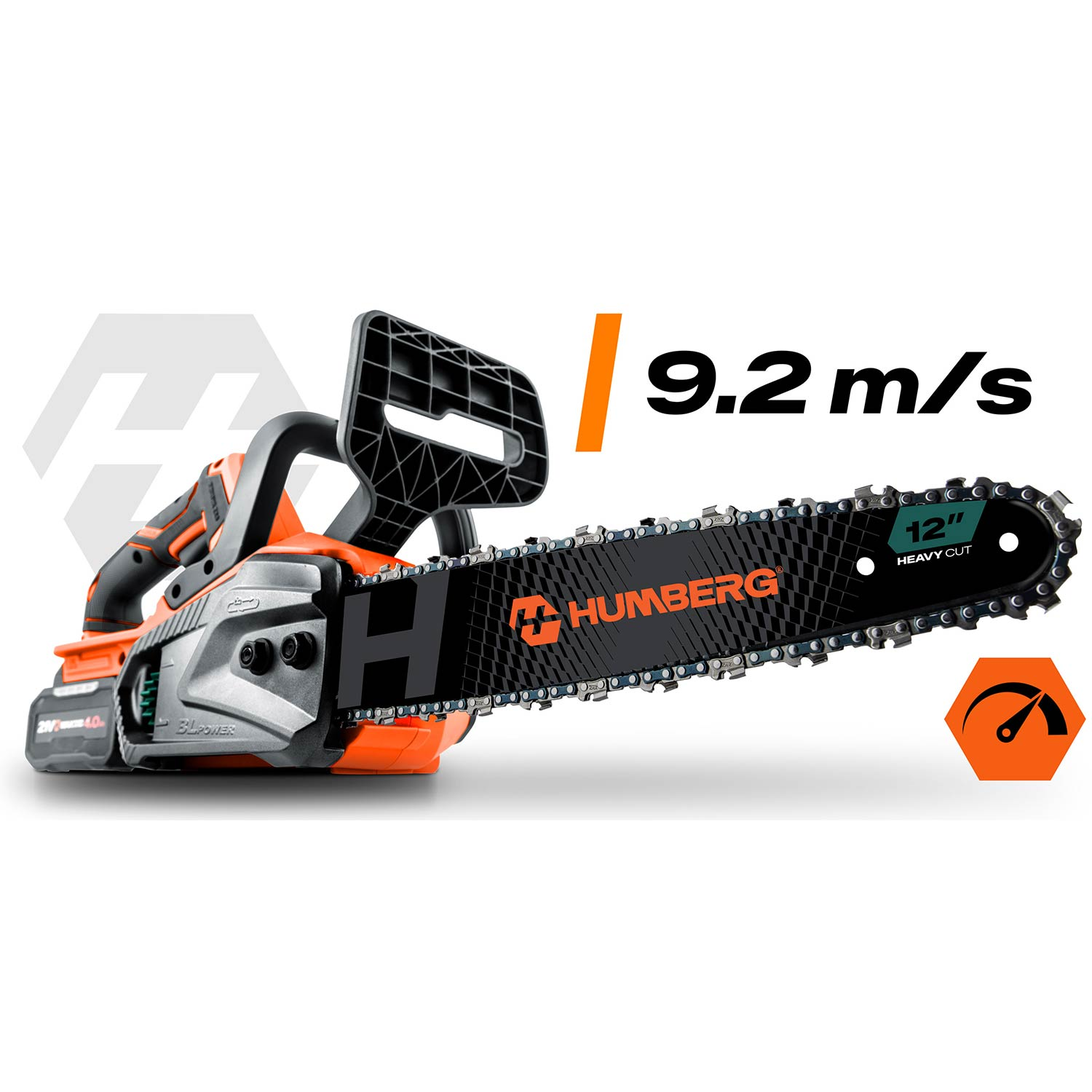 Pomarańczowa piła łańcuchowa z prowadnicą 12 cali i wskaźnikiem prędkości 9,2 m/s.