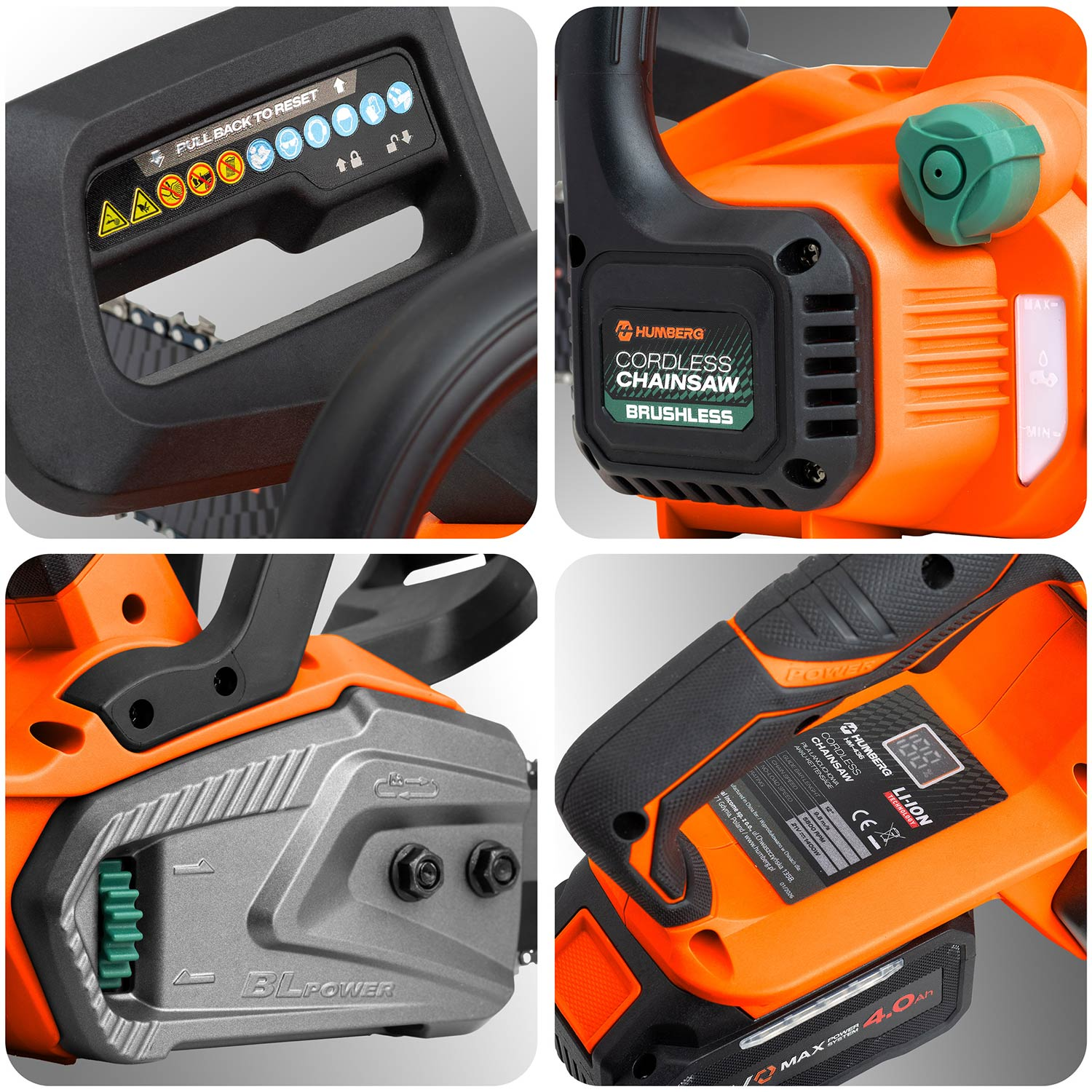 Zbliżenie pomarańczowej pilarki akumulatorowej pokazującej szczegóły uchwytu, łańcucha, silnika i baterii.