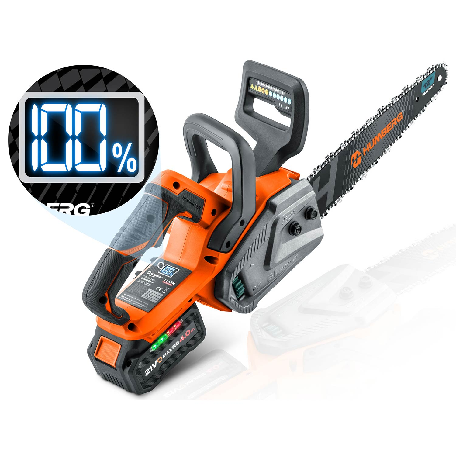 Pomarańczowo-szara piła łańcuchowa ze wskaźnikiem baterii 100% i ostrzem 12".