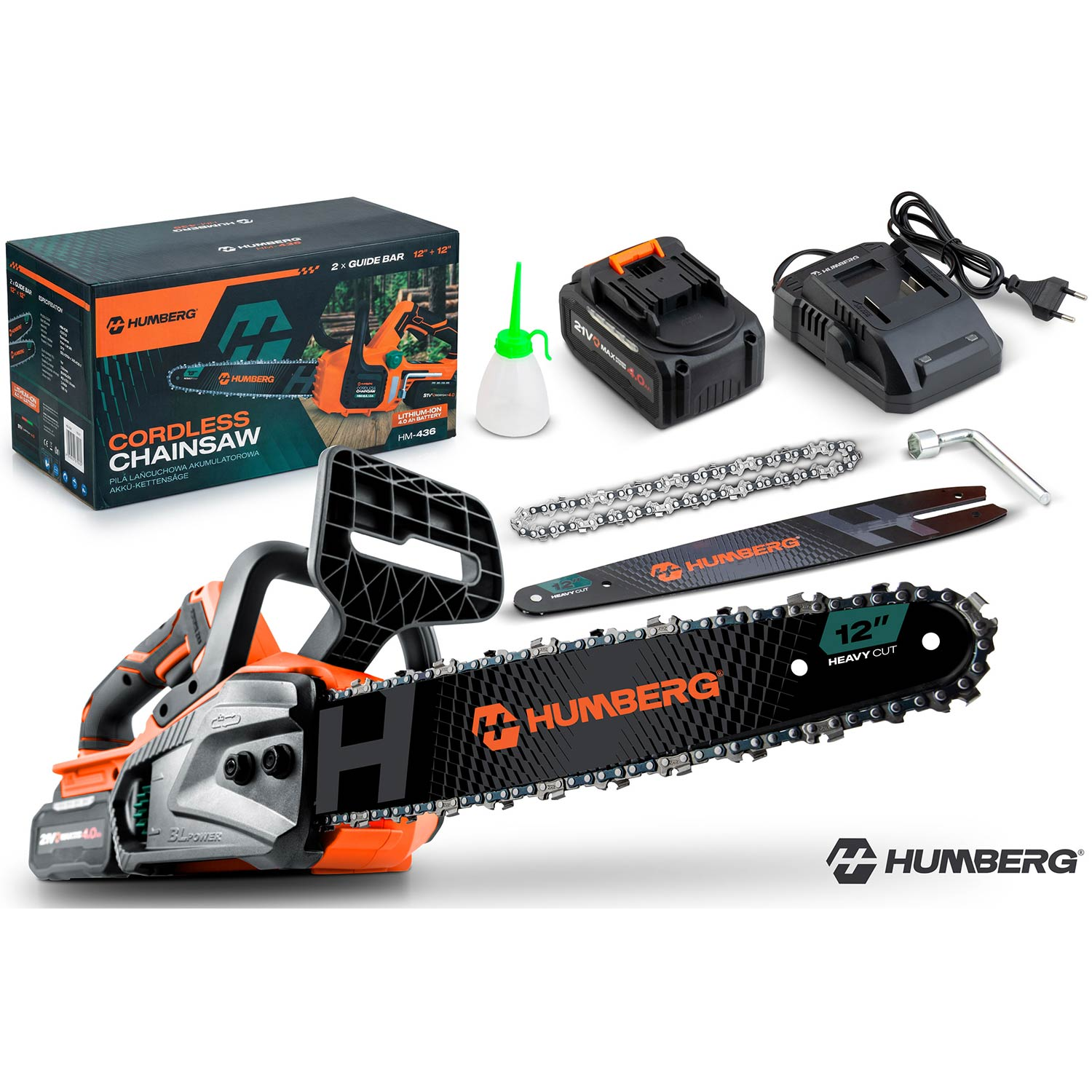 Pomarańczowo-szary zestaw pilarki akumulatorowej z łańcuchem, prowadnicą, akumulatorem, ładowarką i narzędziem.