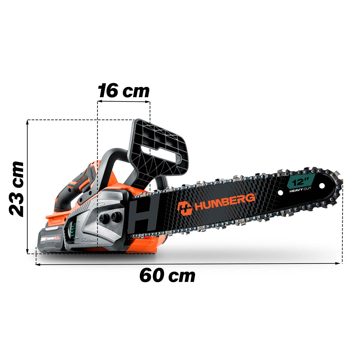 Pomarańczowa piła łańcuchowa z prowadnicą 12 cali, wymiary 60x23x16cm.
