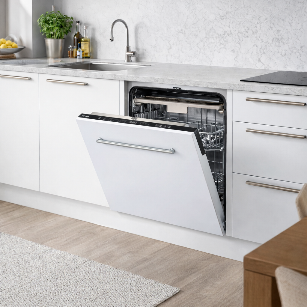 Un lavavajillas blanco con la puerta abierta en una cocina moderna.