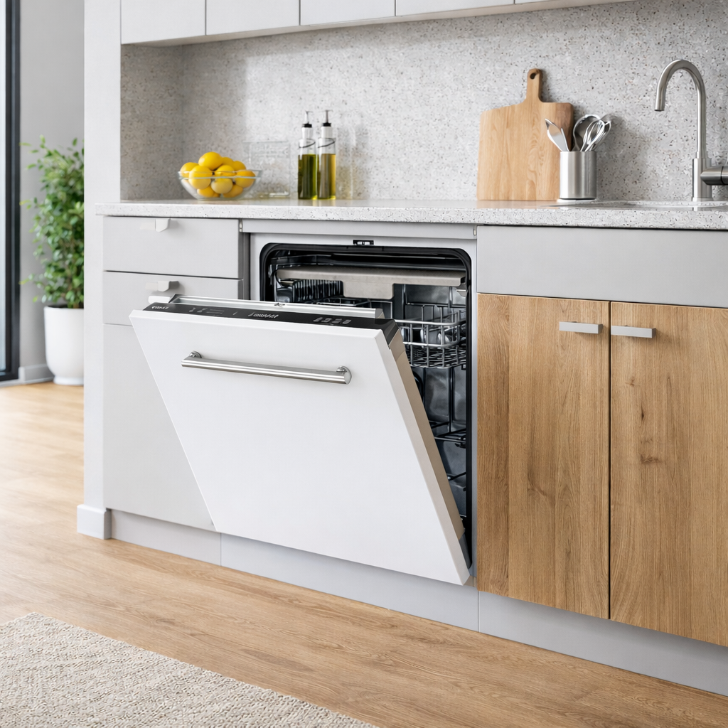 Un lavavajillas blanco con la puerta abierta, en una cocina moderna con detalles de madera.