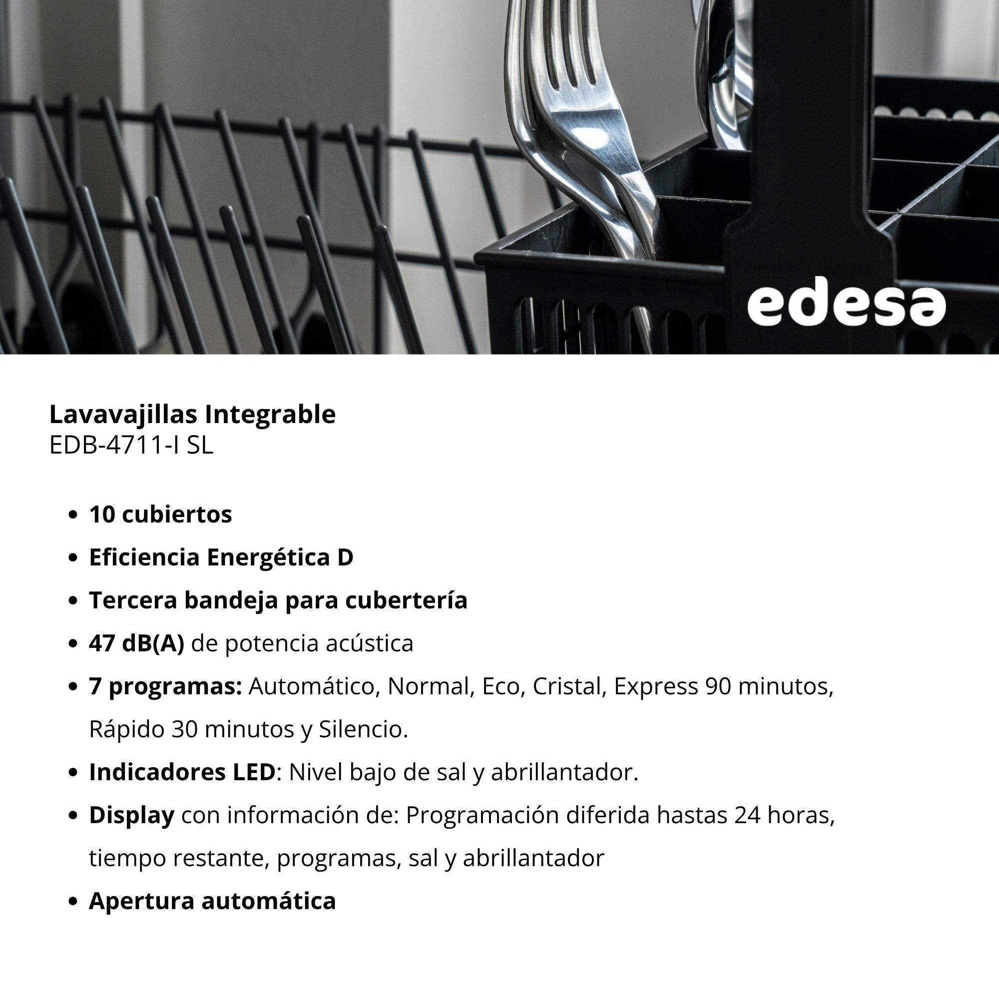 Lavavajillas con tercera bandeja y display LED. Logo Edesa.