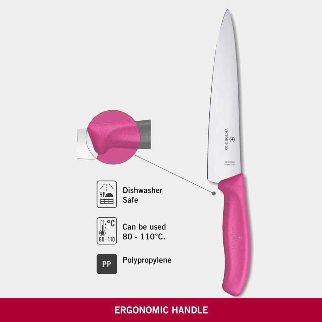Gümüş bıçaklı pembe saplı bıçak, bulaşık makinesinde yıkanabilir, 80-110°C.