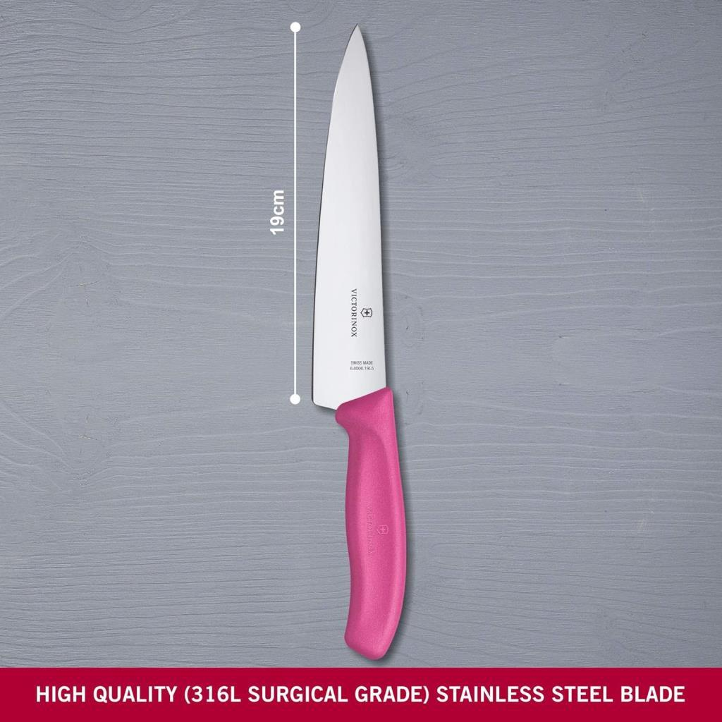 19cm Victorinox şef bıçağı, pembe saplı ve paslanmaz çelik ağızlı.