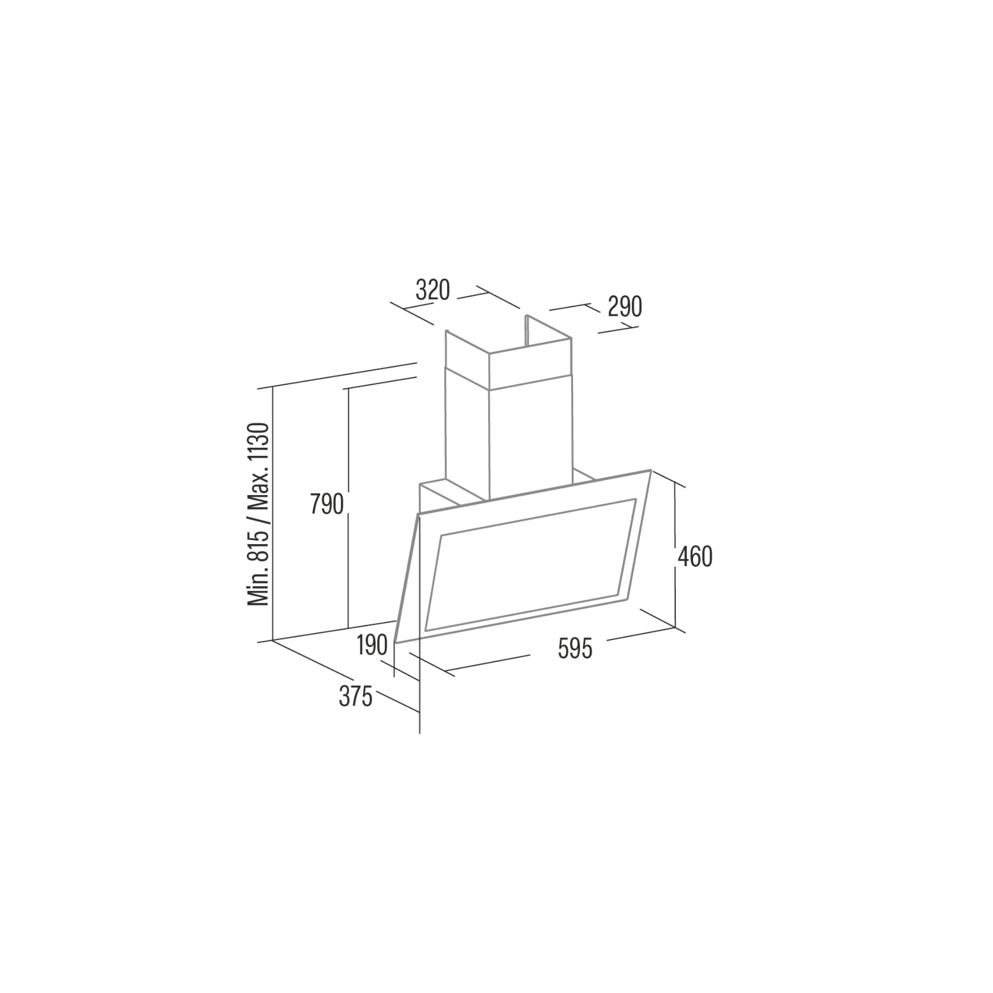 Dibujo técnico de una campana extractora con dimensiones y alturas.