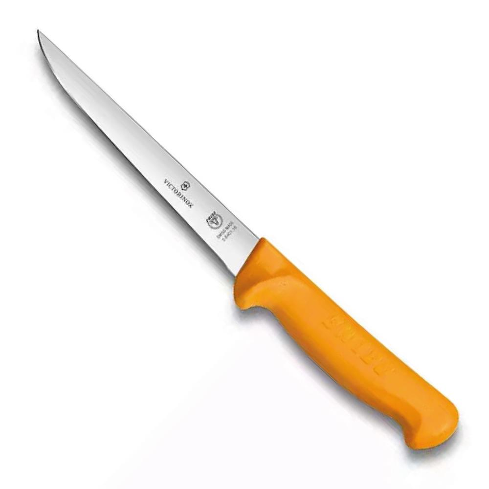 Turuncu saplı gümüş Victorinox bıçağı, beyaz arka plan üzerinde.