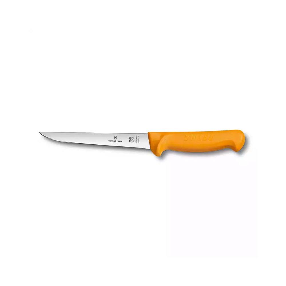 Keskin bıçaklı ve turuncu saplı bir Victorinox bıçağı.