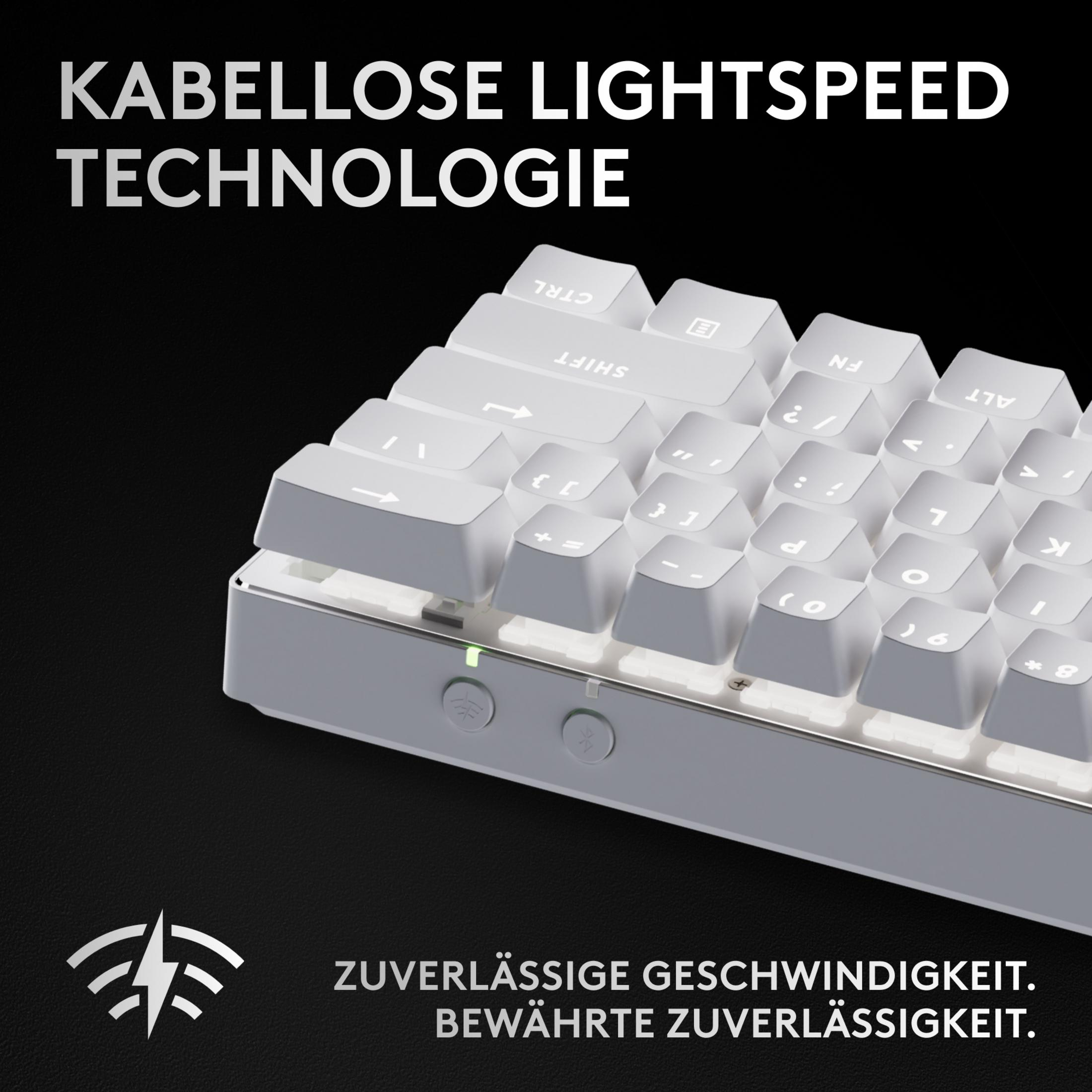 Biała klawiatura z napisem "Bezprzewodowa technologia Lightspeed".