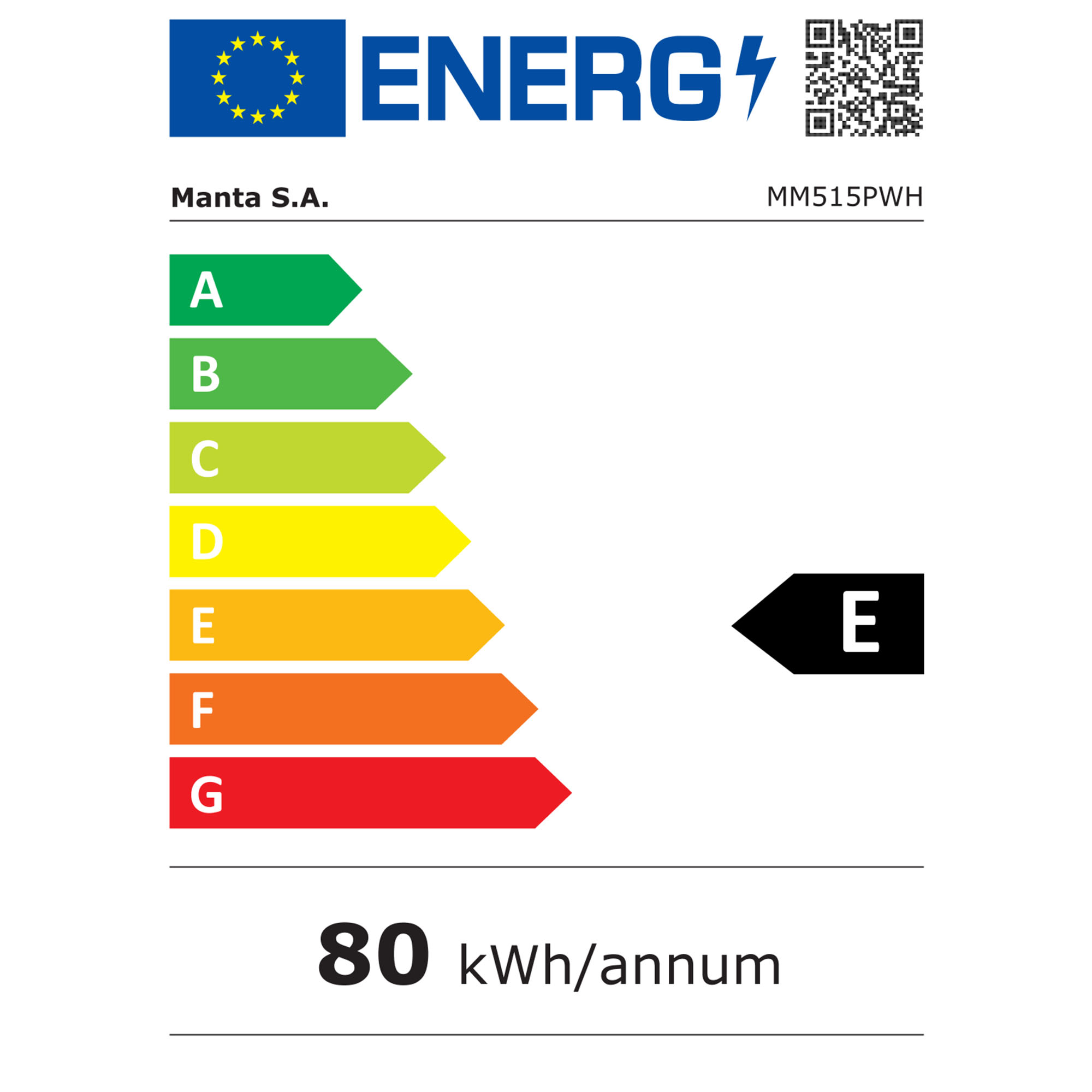 Etykieta energetyczna skala A-G, klasa E, 80 kWh/rok.