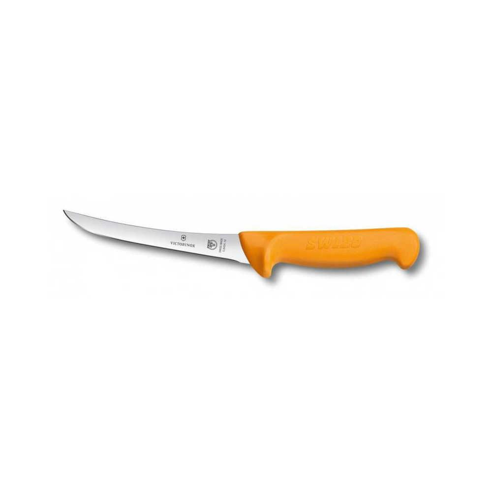 Eğri bıçaklı ve turuncu saplı bir Victorinox fileto bıçağı.