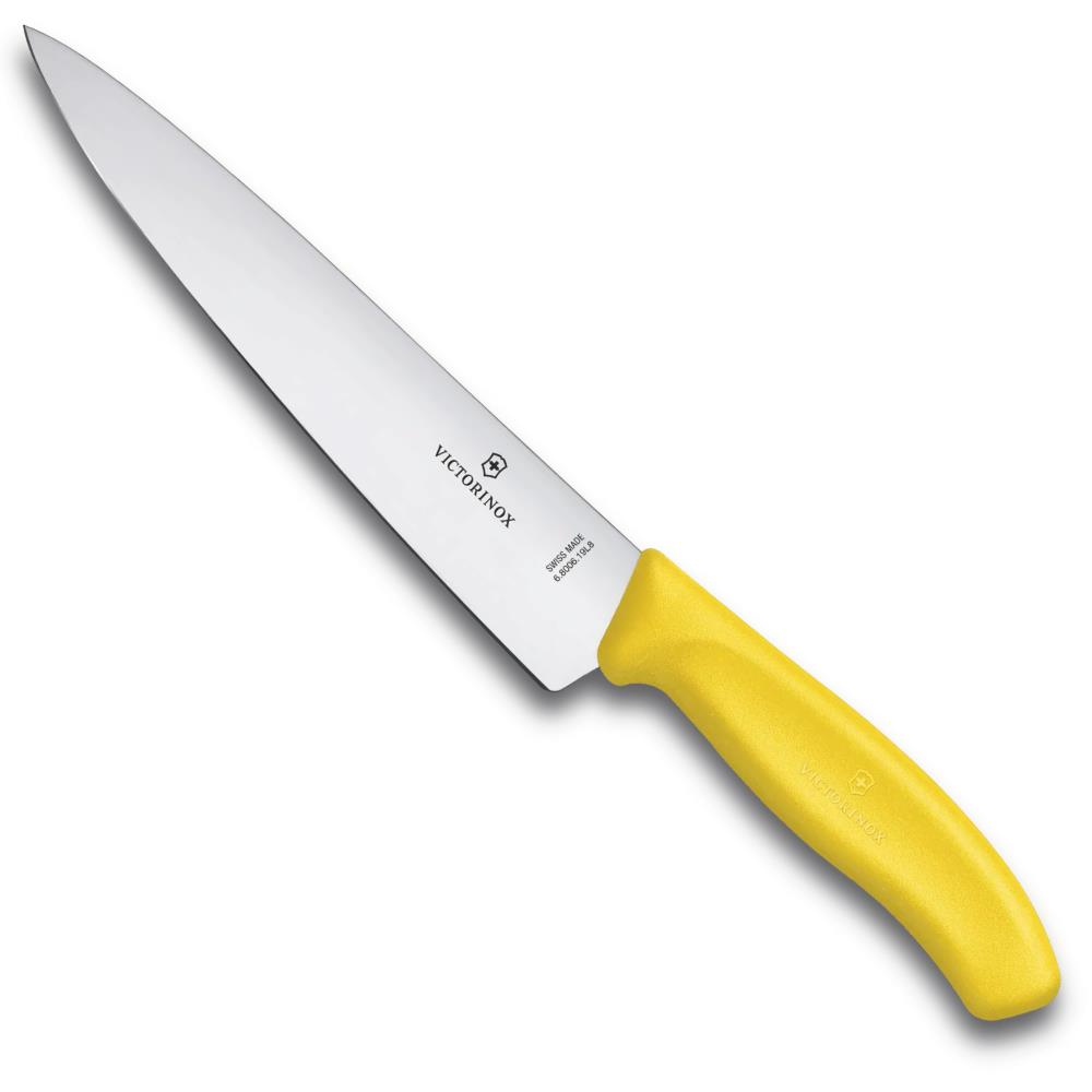 Uzun, keskin ağızlı ve sarı saplı bir Victorinox şef bıçağı.