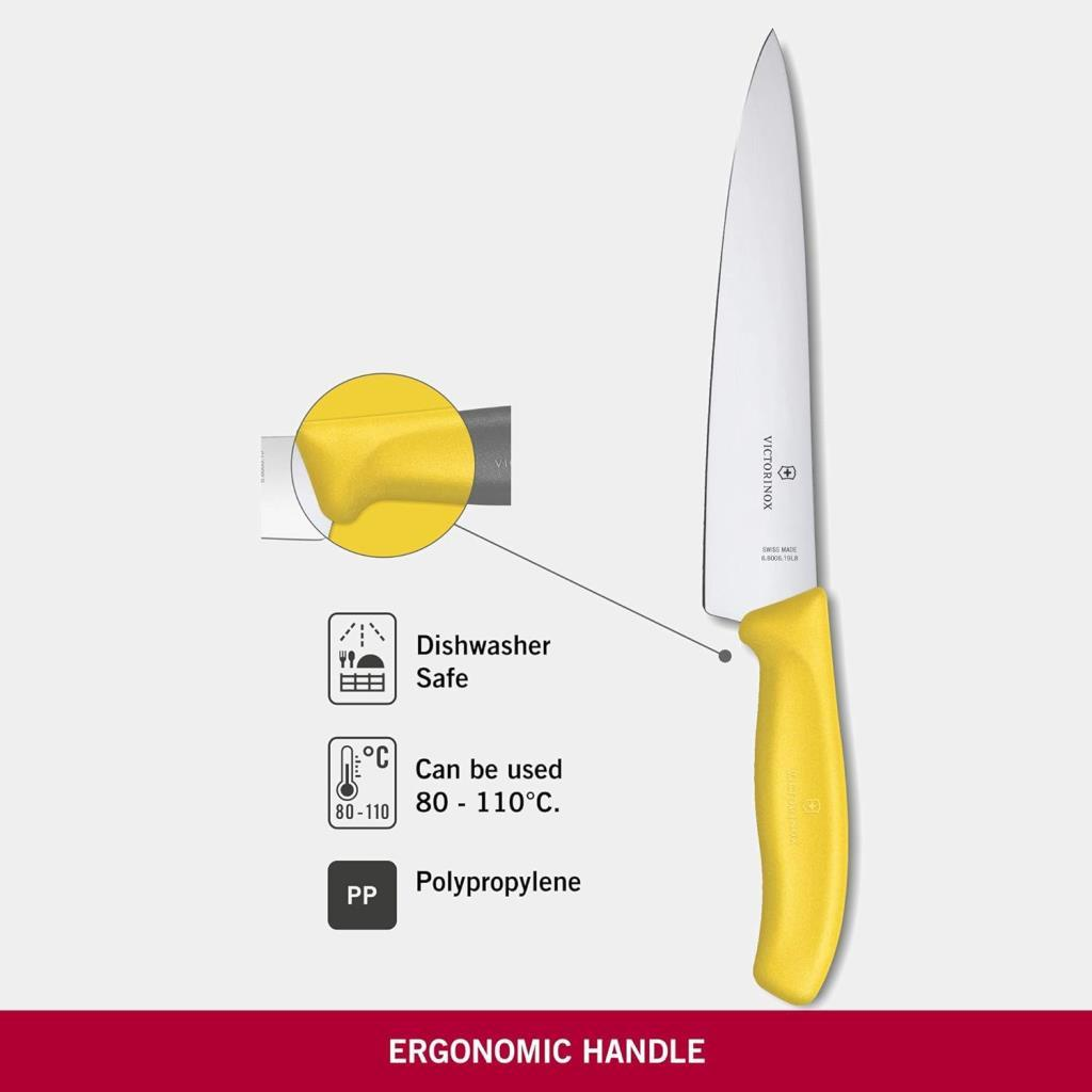Sarı saplı Victorinox bıçağı, bulaşık makinesinde yıkanabilir ve polipropilen simgeleri bulunur.