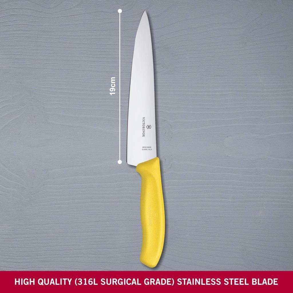Sarı saplı ve çelik bıçaklı 19 cm'lik Victorinox şef bıçağı.