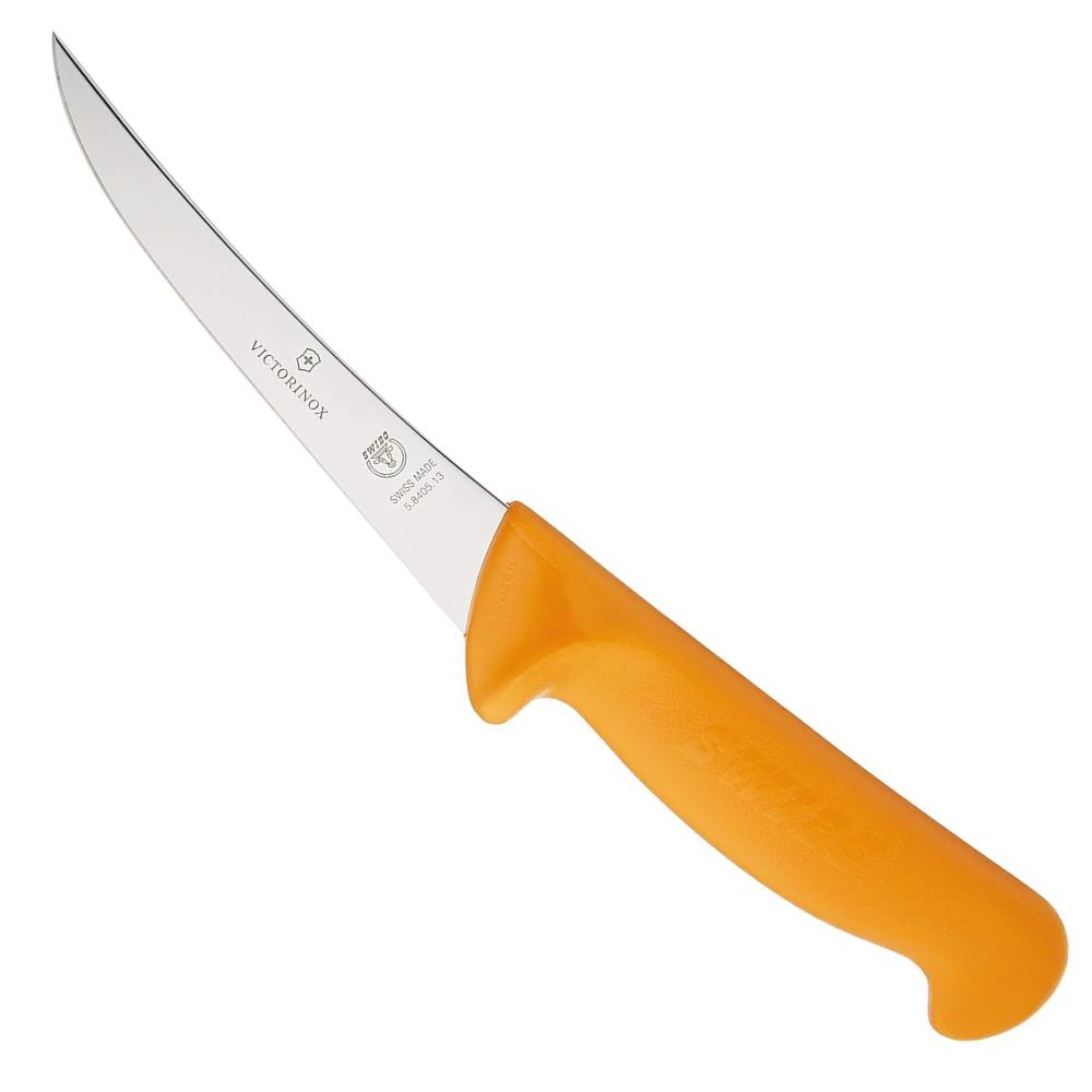 Gümüş bıçaklı, keskin, turuncu saplı Victorinox bıçağı.