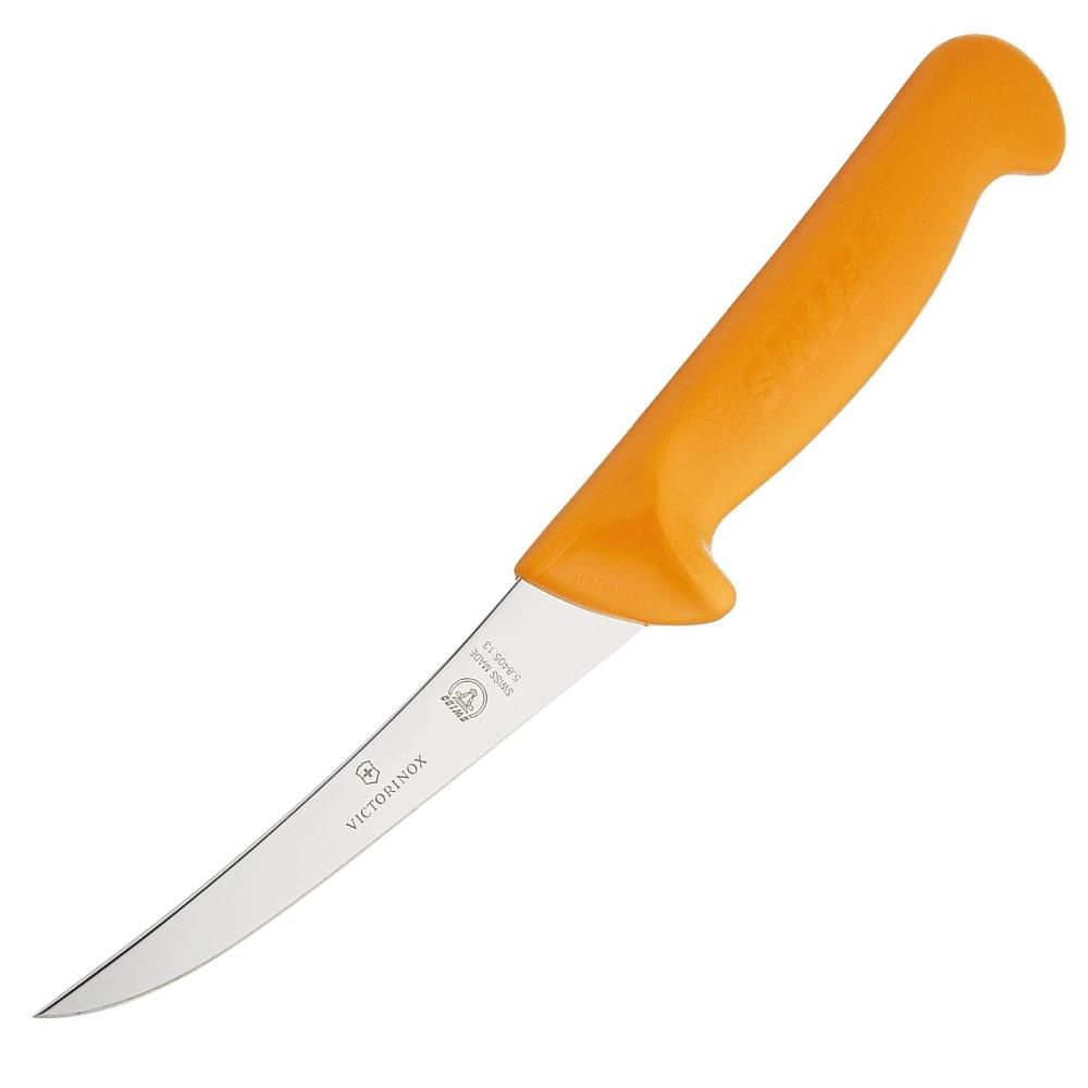 Turuncu saplı keskin bir Victorinox bıçağı.