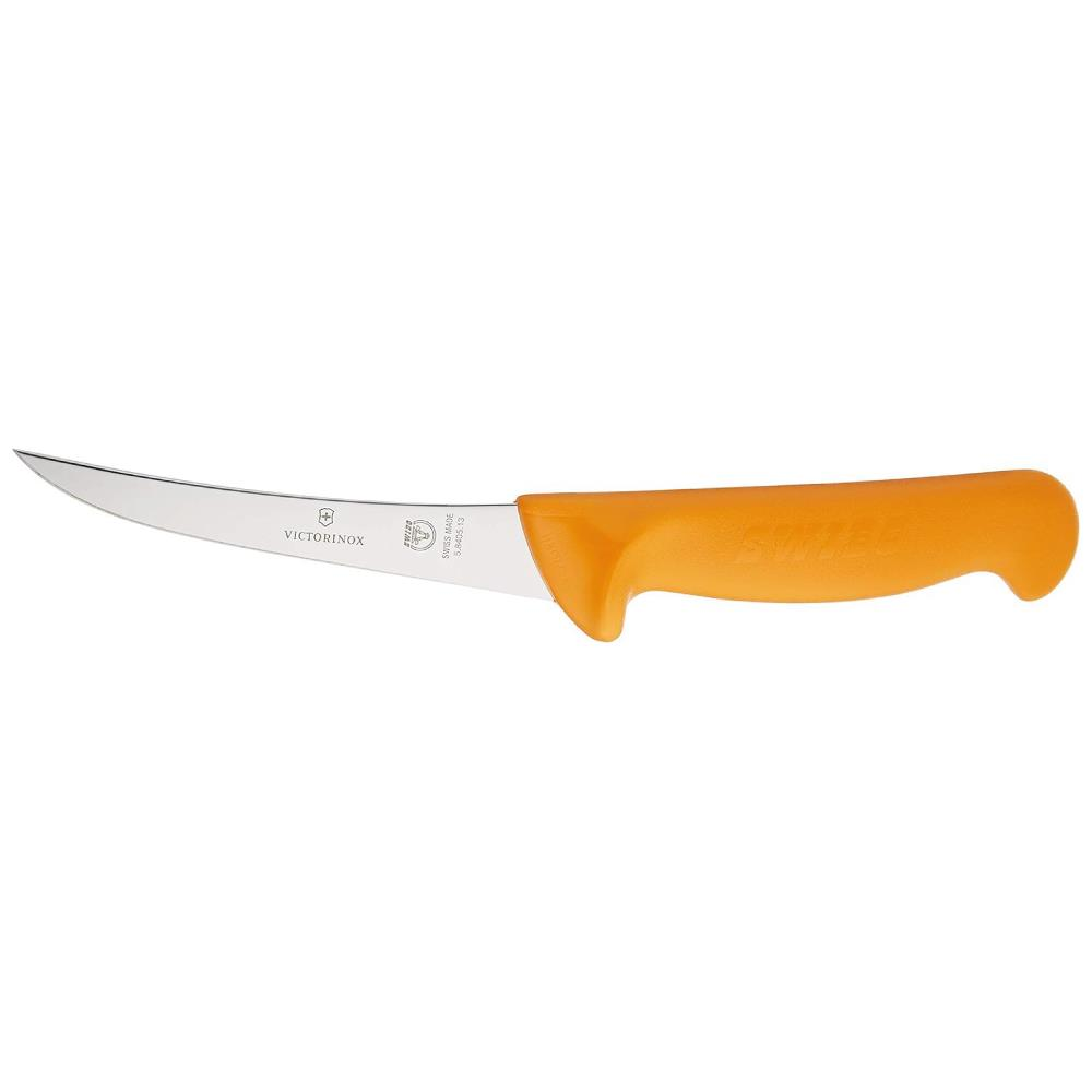 Turuncu saplı kavisli bir Victorinox bıçağı.