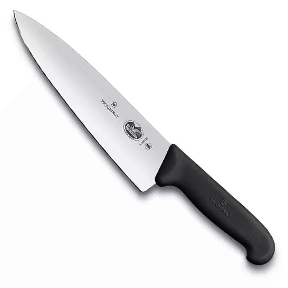 Siyah saplı gümüş renkli bir Victorinox şef bıçağı gösteriliyor.