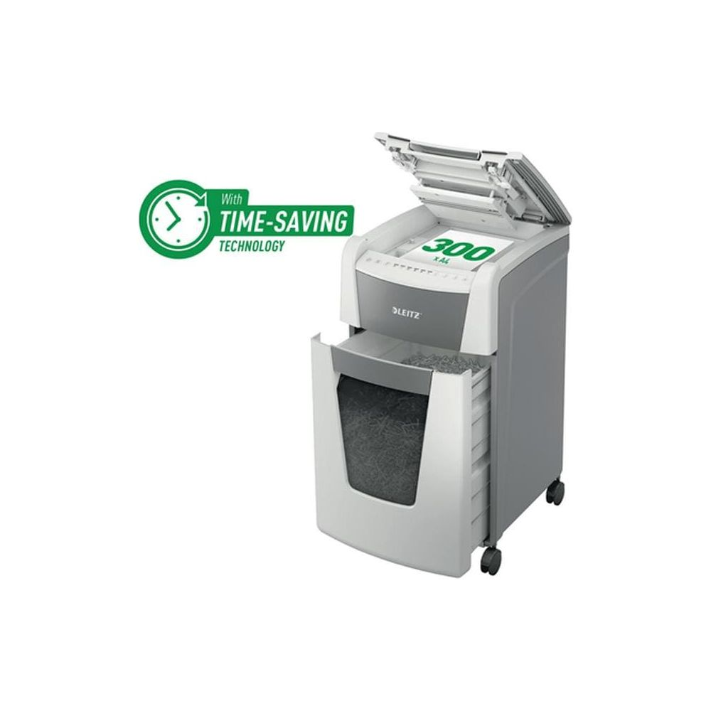 Une déchiqueteuse Leitz avec logo "TIME-SAVING TECHNOLOGY" et bac de récupération retiré.