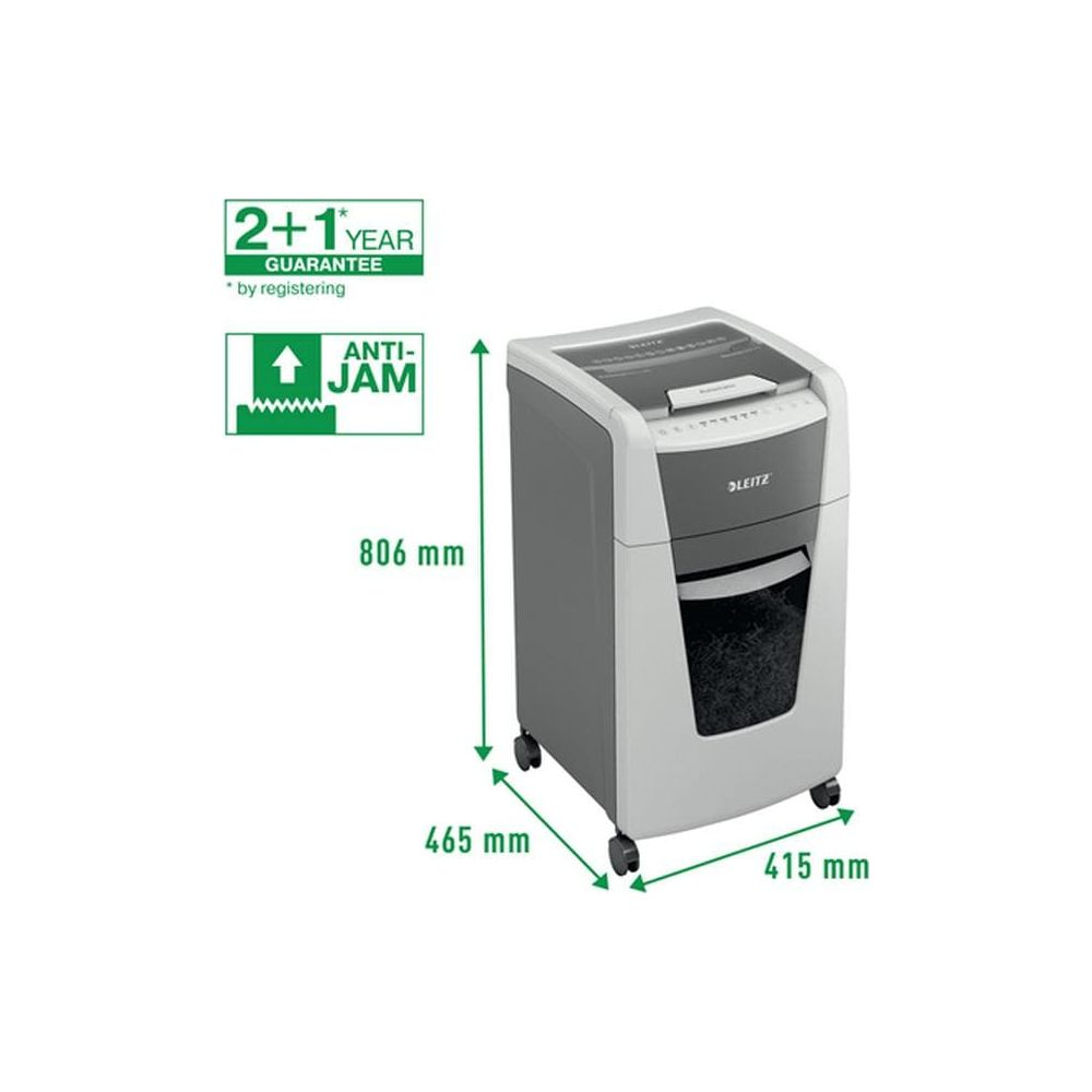 Une déchiqueteuse Leitz, H 806 mm, L 465 mm, P 415 mm, avec fonction anti-bourrage.