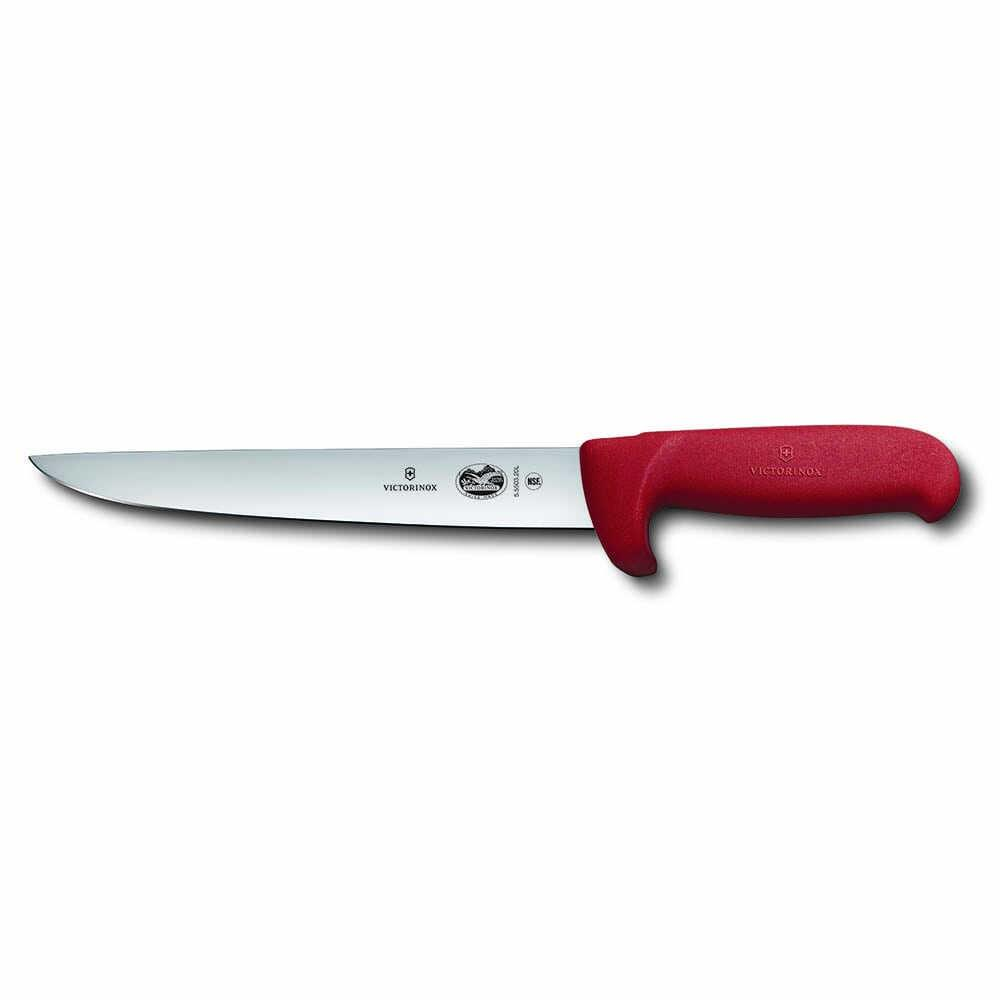 Uzun, gümüş bıçaklı ve Victorinox logolu kırmızı saplı bıçak.