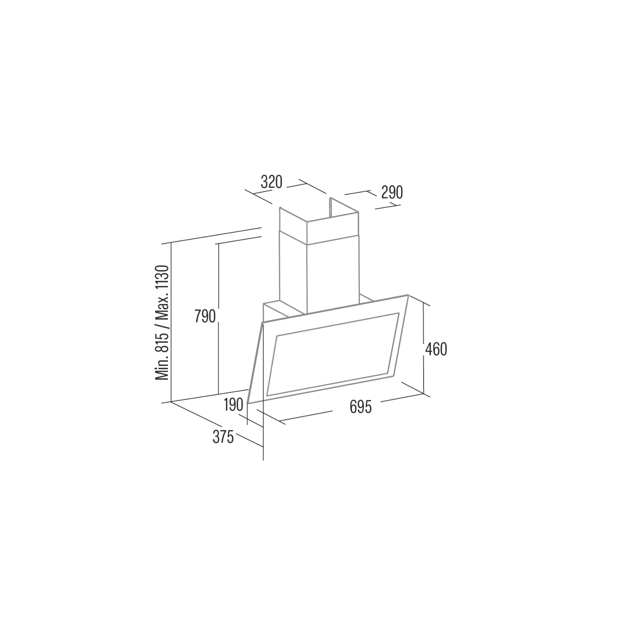Dibujo técnico de una campana extractora con dimensiones.