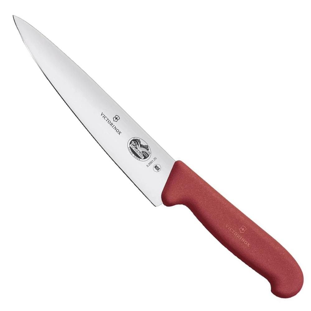 Uzun, gümüş bıçaklı ve saplı kırmızı bir Victorinox bıçağı.