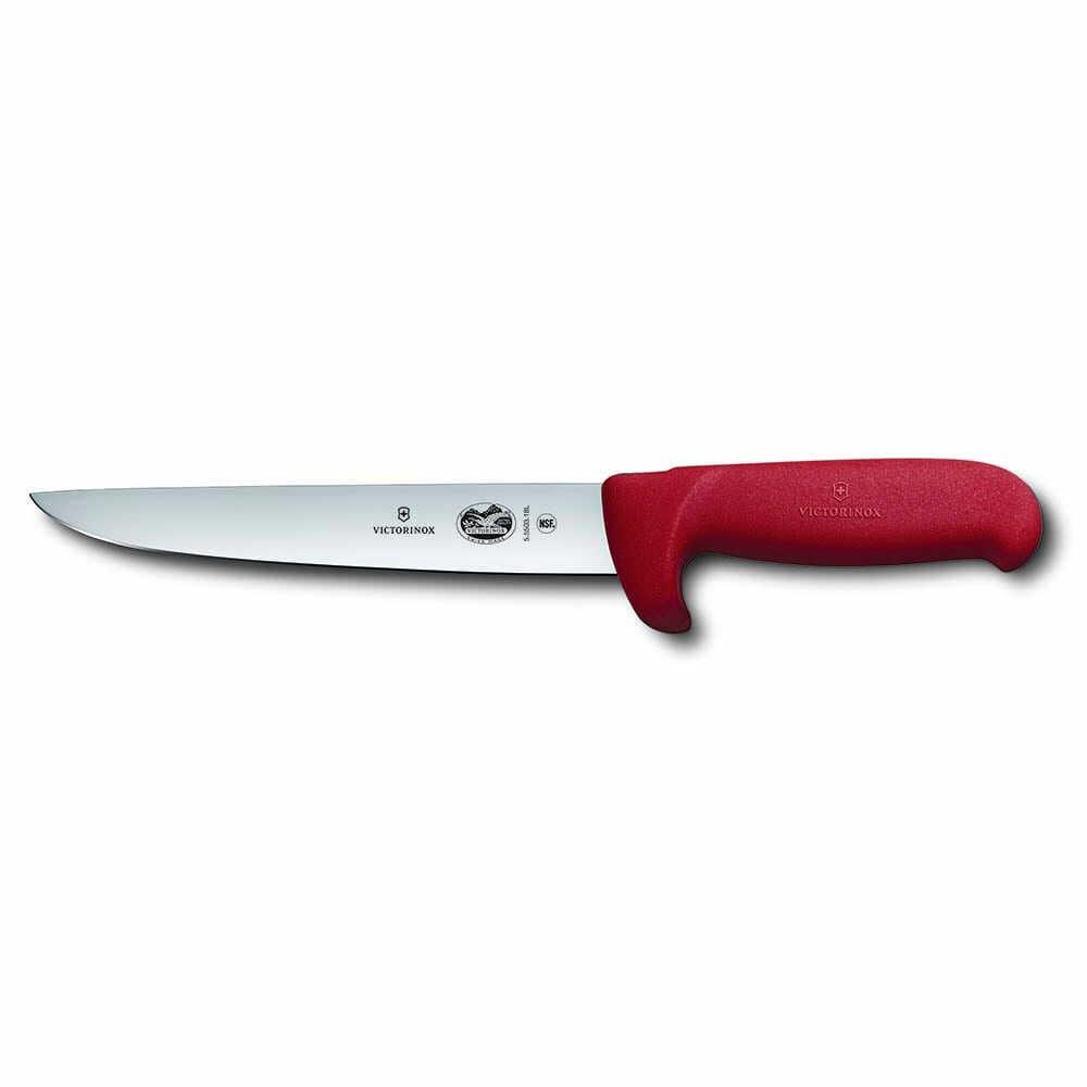 Uzun, dar bıçaklı ve korumalı kırmızı Victorinox bıçağı.