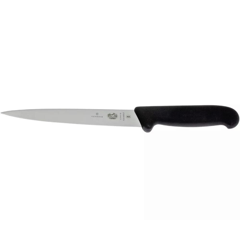 Siyah saplı gümüş Victorinox bıçağı beyaz arka planda.