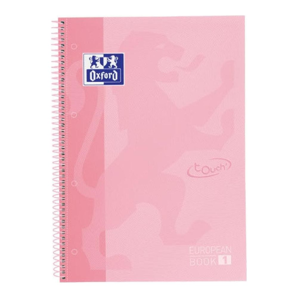 Ein rosa Spiralbindung Notizbuch mit Oxford-Logo und einem Löwenmotiv.