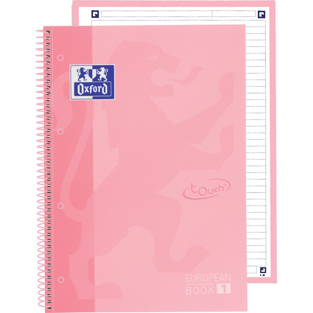 Pinkes Notizbuch mit Spiralbindung, Oxford-Logo und "Touch"-Grafik.