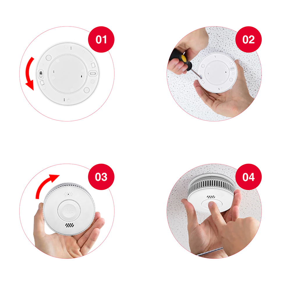 Czterostopniowa instrukcja montażu czujnika dymu.