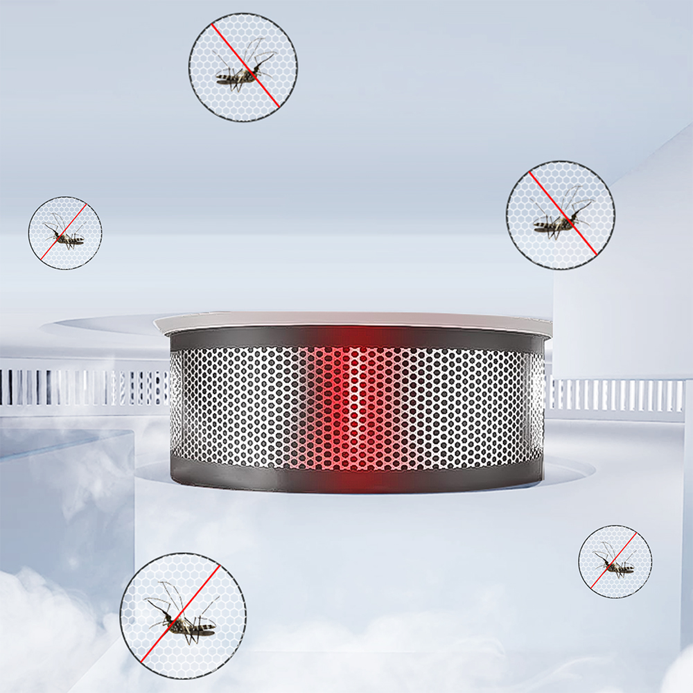 Cylindryczne urządzenie z czerwonym światłem, otoczone symbolami komarów.
