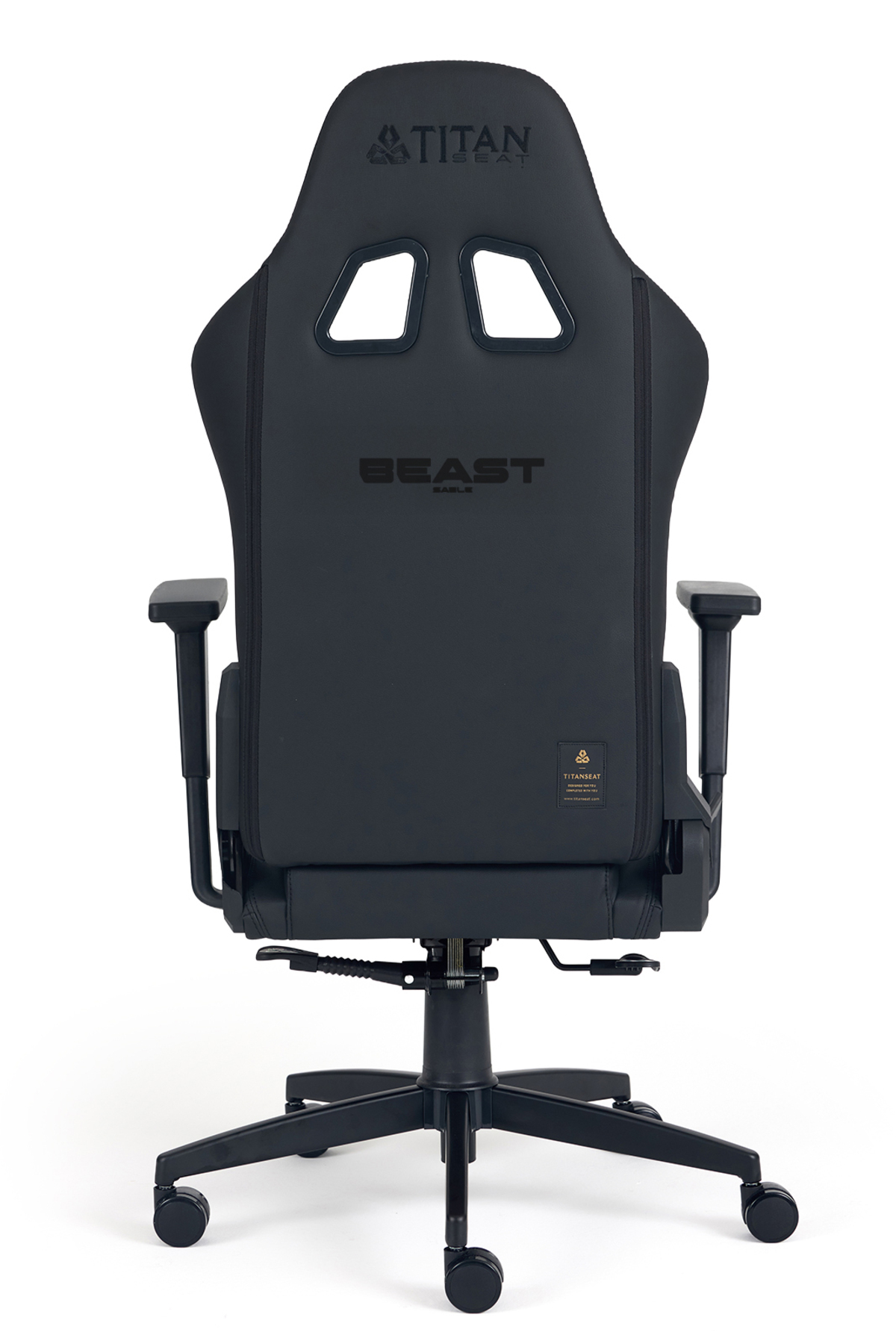 Titan Seat ve Beast logolu siyah oyuncu koltuğu, beyaz arka plan üzerinde.