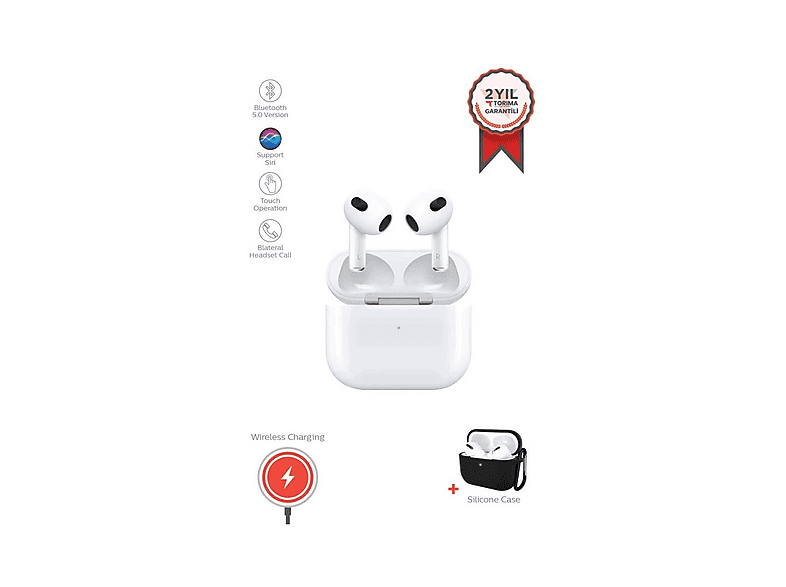TORIMA 3.Nesil Ios ve Android Uyumlu Silikonsuz Kılıf Hediyeli   TRM-Air3 Bluetooth Kulaklık Beyaz