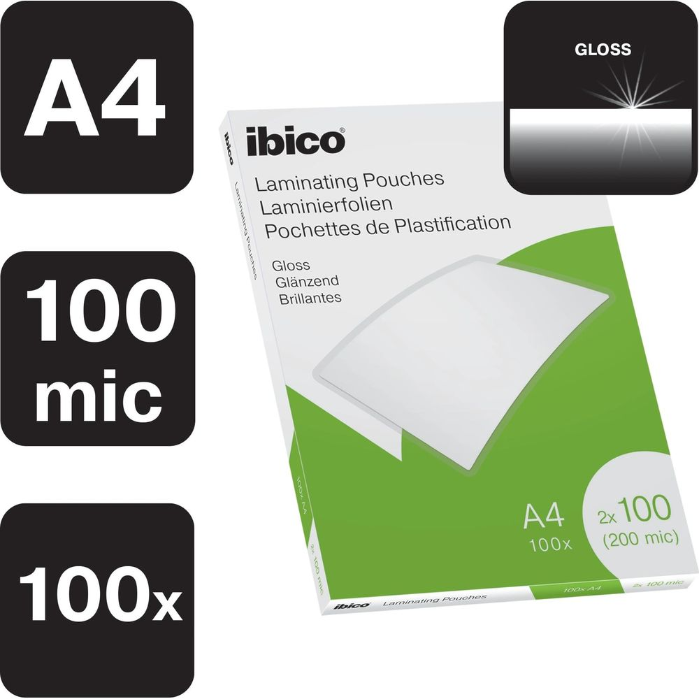 Packung Ibico A4 100 mic Glanz-Laminierfolien, 2x100 Stück.
