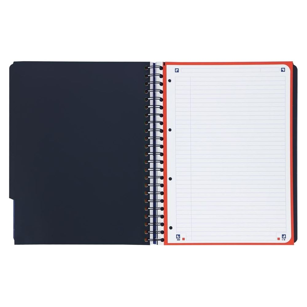 Ein offenes Notizbuch mit blauem Einband und linierten Seiten mit rotem Rand.