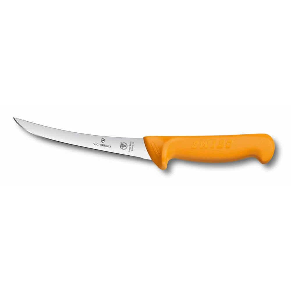 Beyaz arka plan üzerinde eğimli bıçaklı sarı bir Victorinox bıçağı.