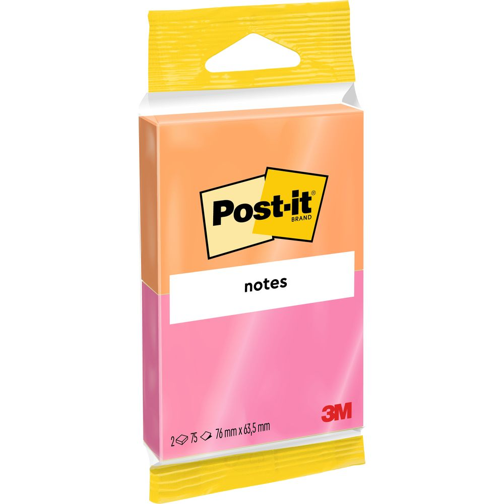 Packung Post-it-Haftnotizen in Pink und Orange, mit gelbem Aufhänger.