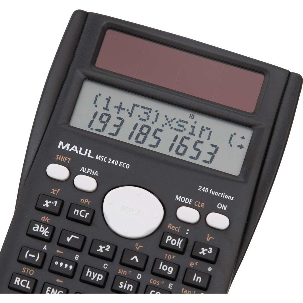 Schwarzer Taschenrechner mit Solarzelle und LCD-Display zeigt eine mathematische Formel.