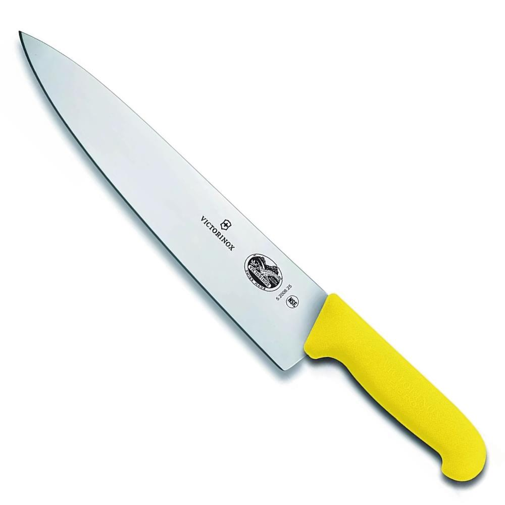 Victorinox logolu, uzun, keskin ağızlı sarı saplı bıçak.