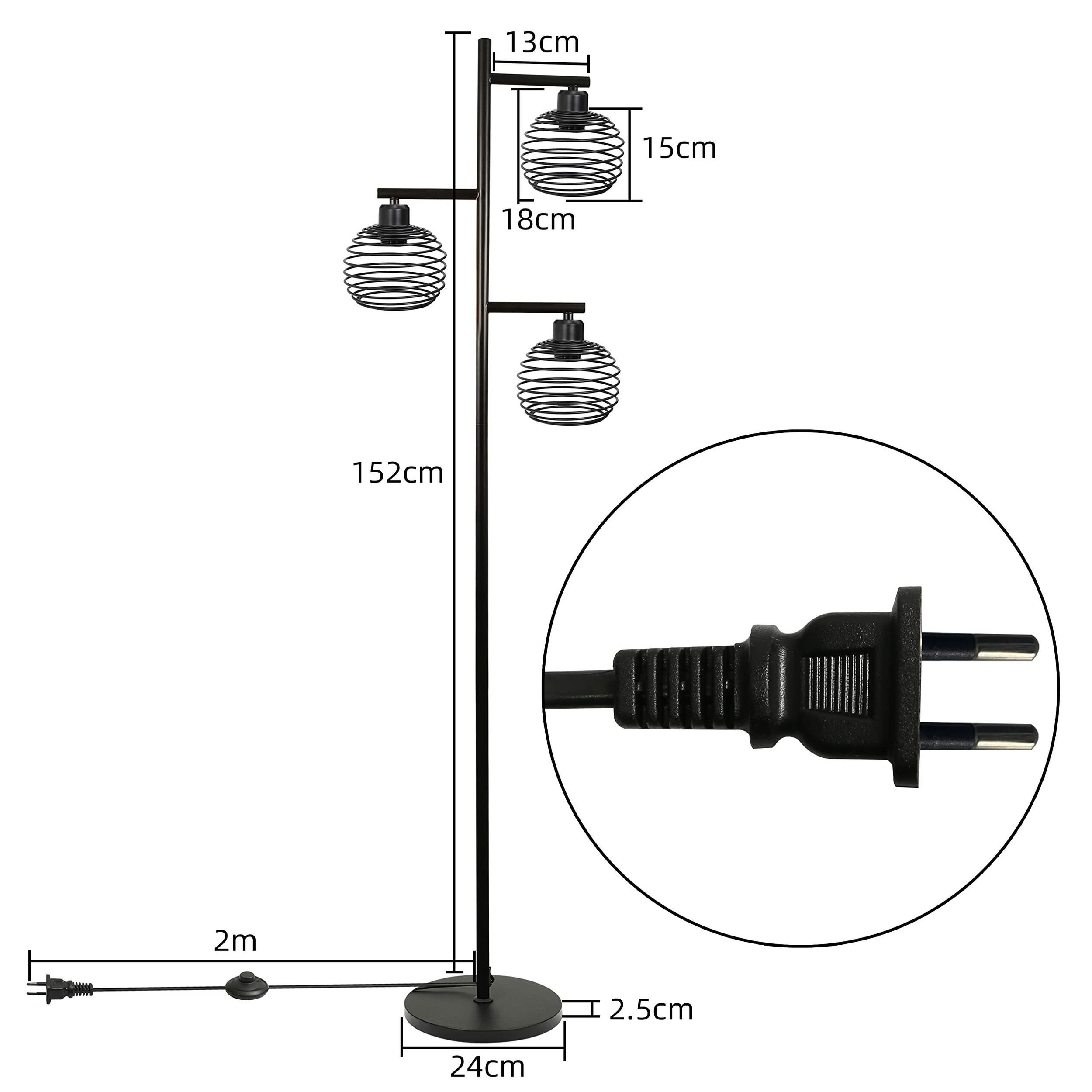 Lampada da terra nera con tre paralumi rotondi in filo metallico e misure dettagliate.