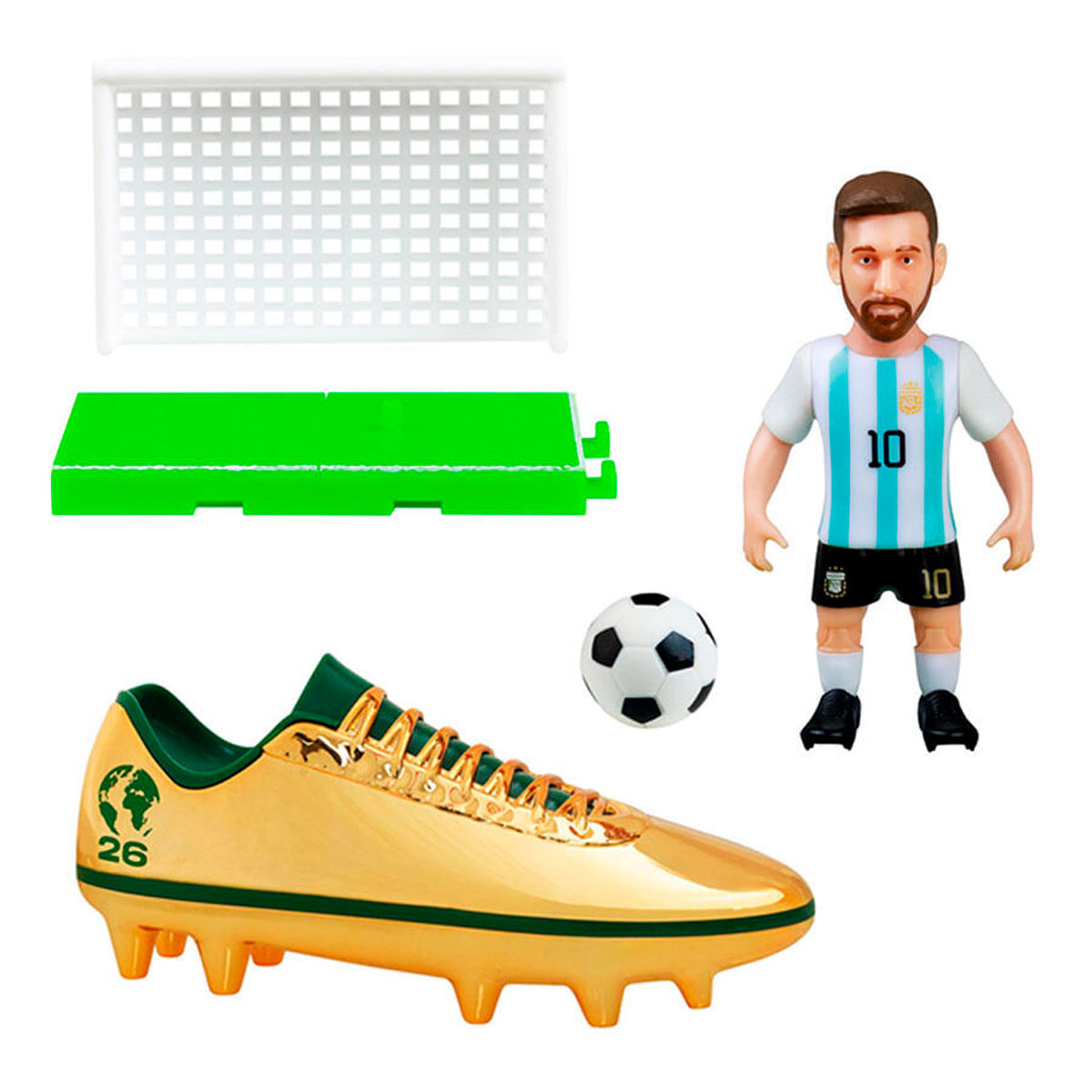 Figura de futbolista, portería, campo, bota y balón sobre fondo blanco.